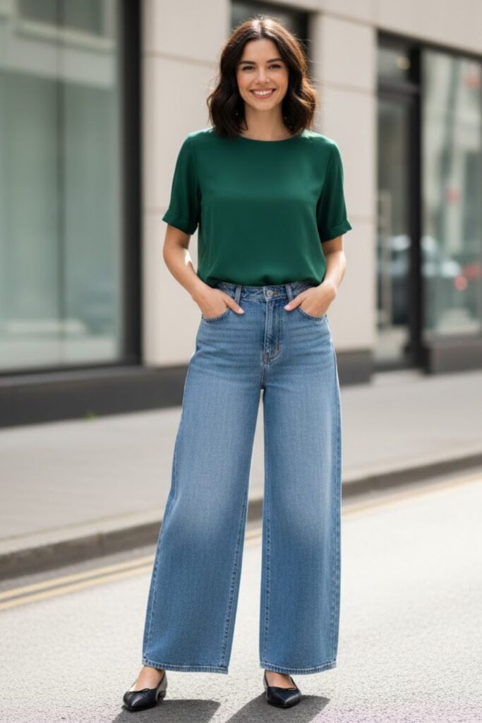 Ballet flats offer a chic and feminine touch to wide-leg jeans