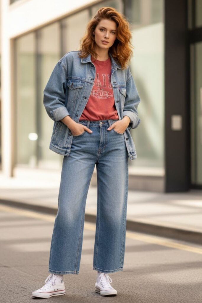 High-top sneakers with wide leg jeans