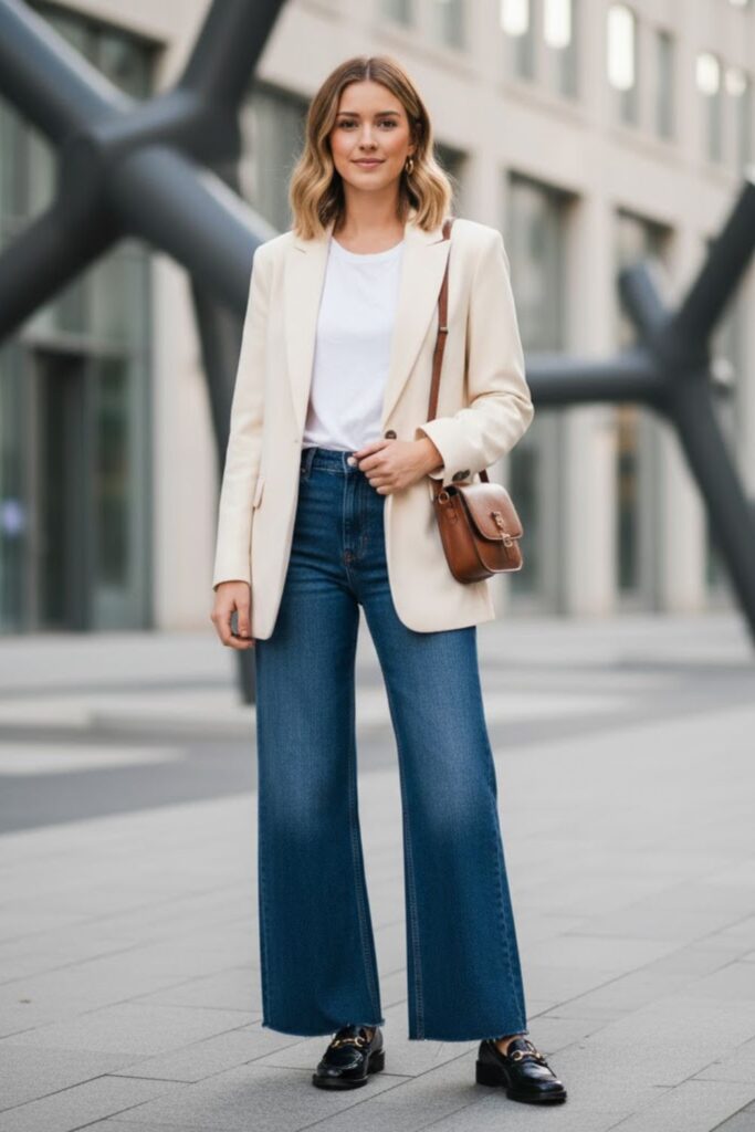 Loafers with full-length extreme wide-leg jeans