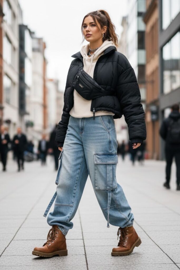 11. Wide Leg Cargo Jeans with Utility Boots