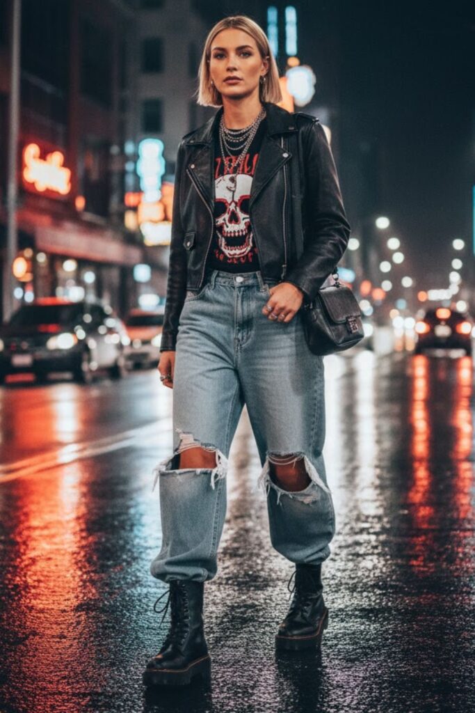 15. Ripped Wide Leg Jeans with Black Leather Boots