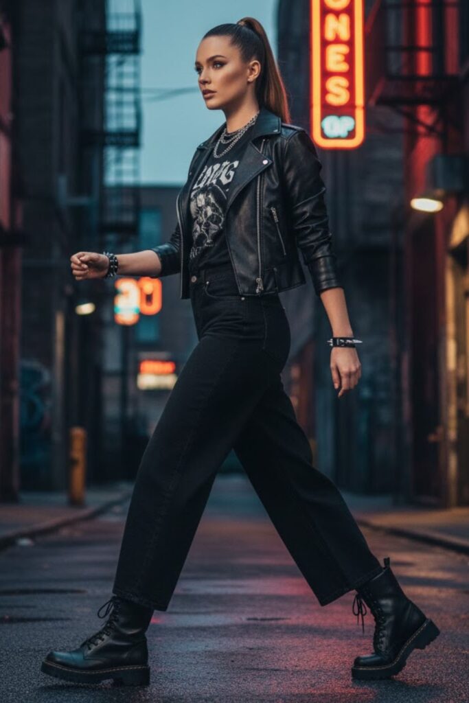 2. Black Wide Leg Jeans with Chunky Combat Boots