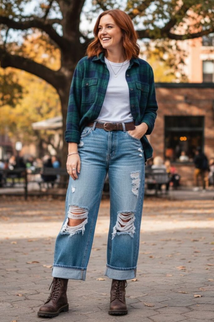7. Distressed Wide Leg Jeans with Lace-Up Boots