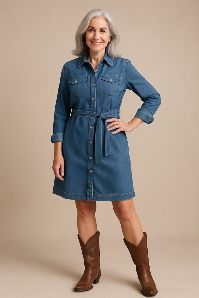Denim dress + cowboy boots Women Over 50