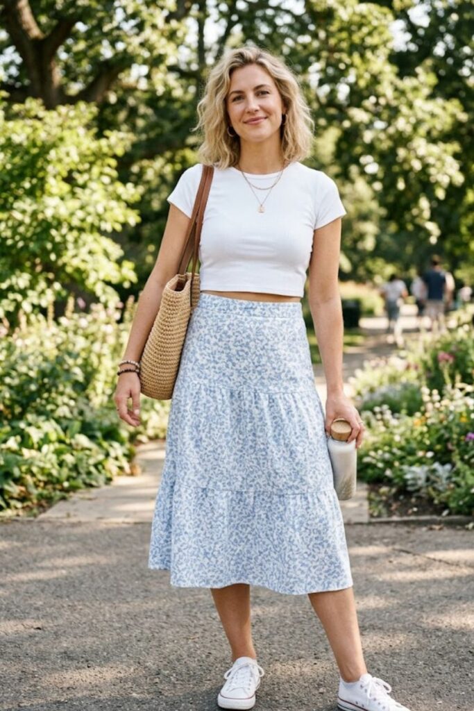 13. Crop Top With High-Waisted Skirt