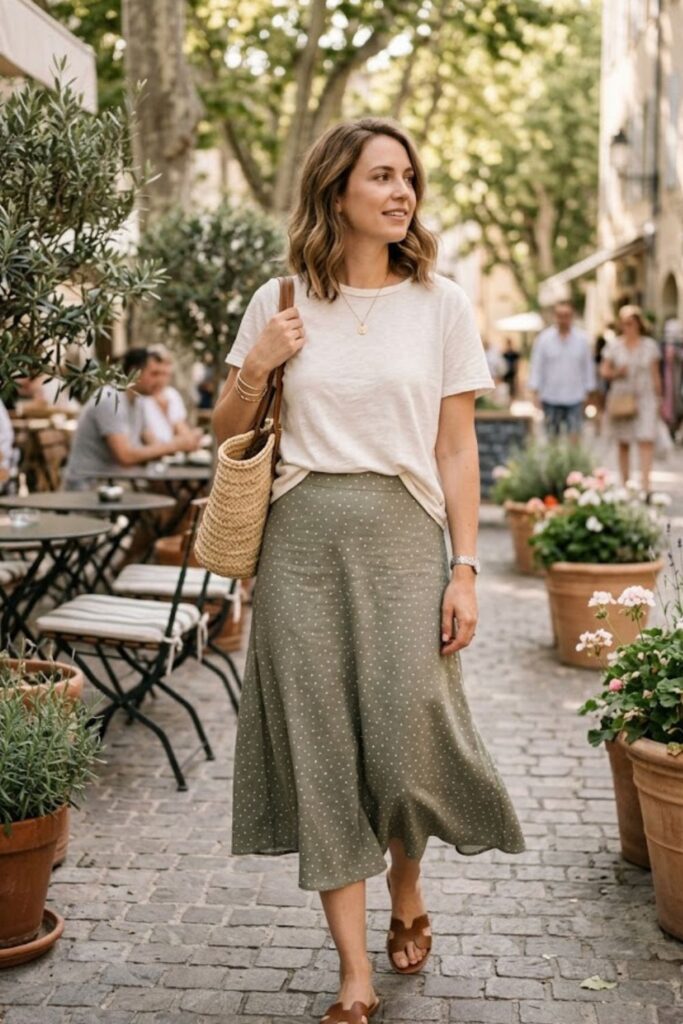 15. Simple Tee With Casual Midi Skirt