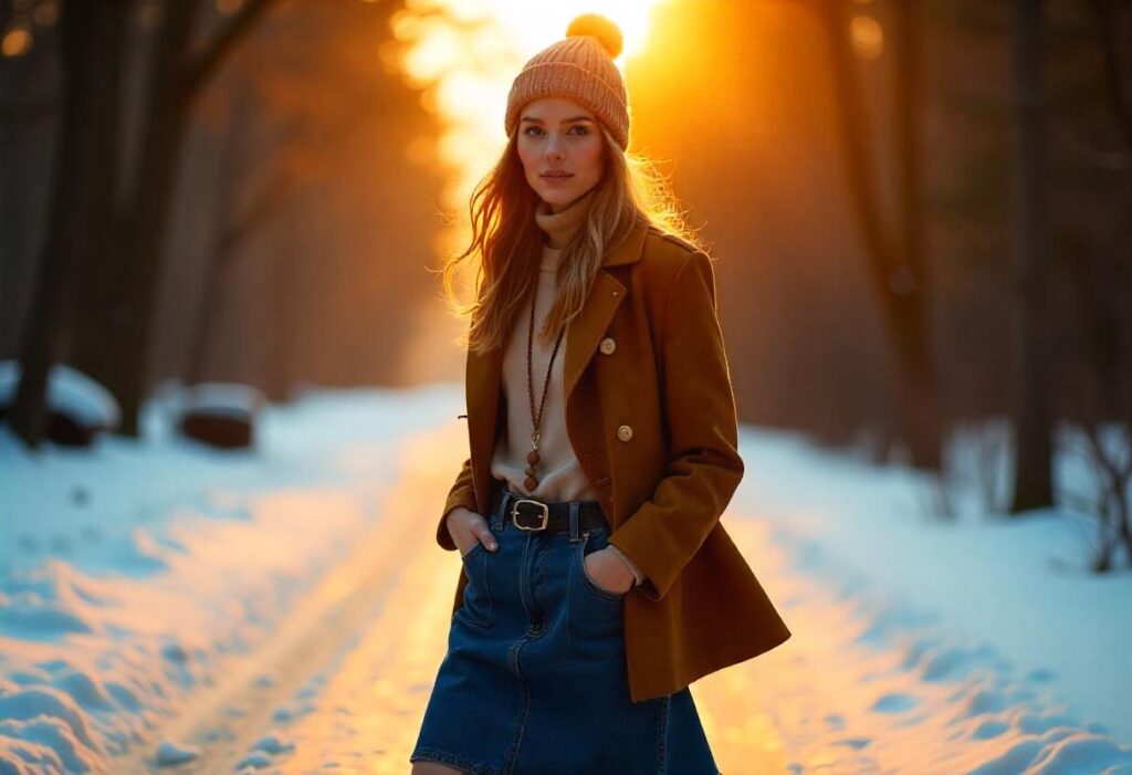 jeans skirt outfit winter