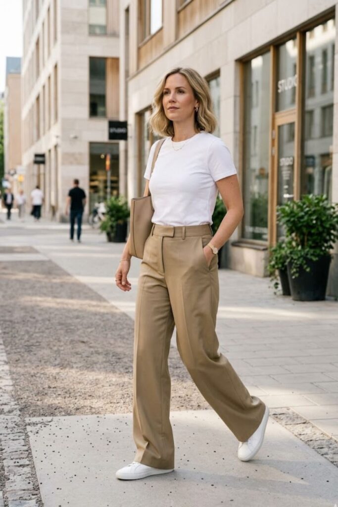 1. White Tee + Khaki Wide Leg Trousers + Sneakers