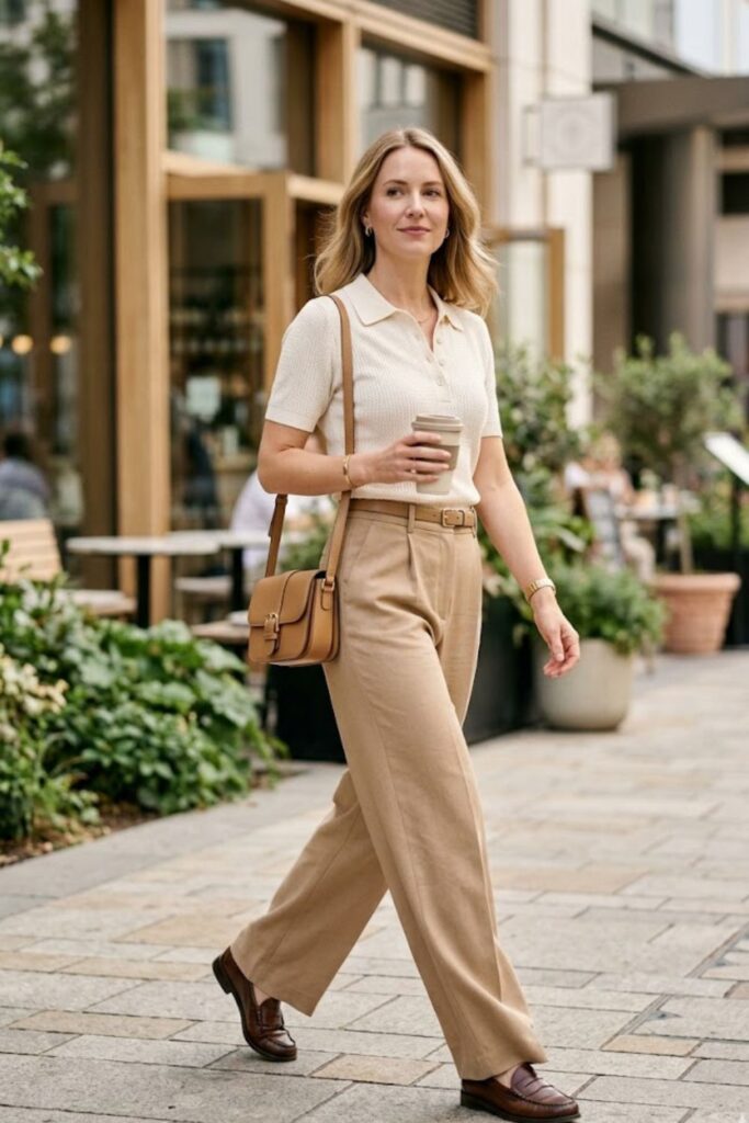 10. Knit Polo + Neutral Wide Leg Trousers + Loafers