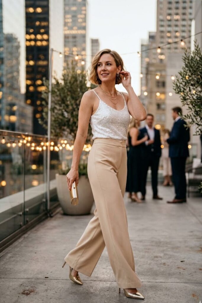 14. Sequin Tank + Wide Leg Trousers + Metallic Heels