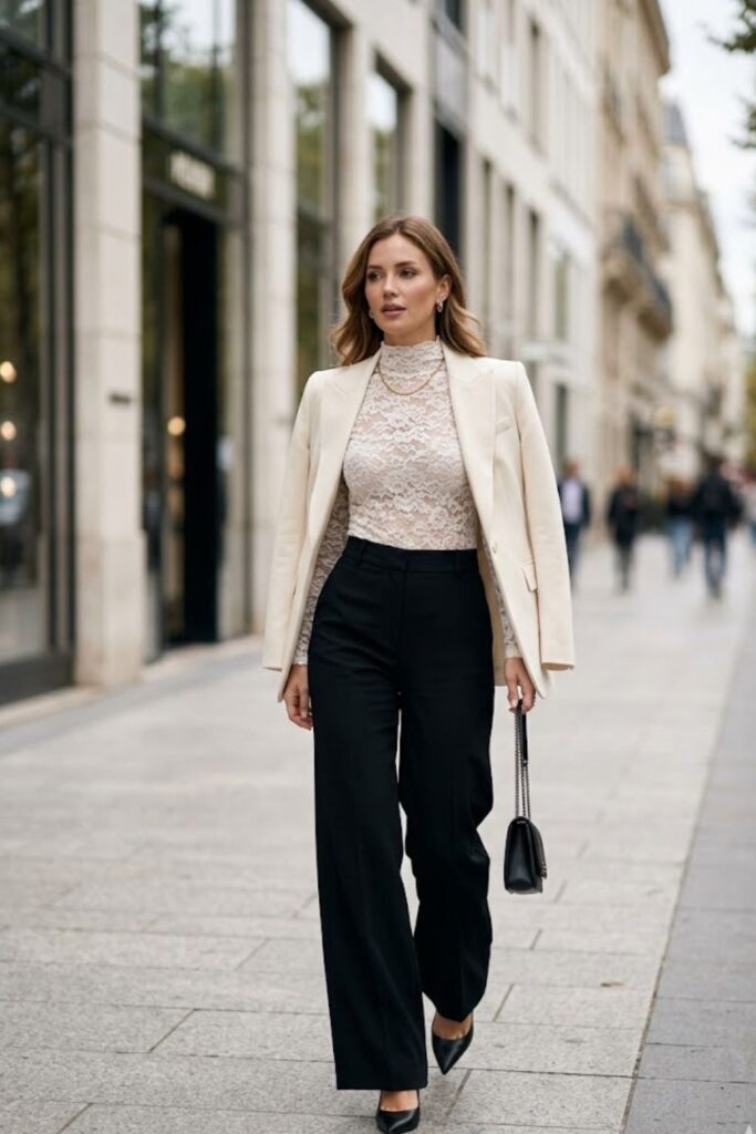 15. Lace Bodysuit + High-Waist Trousers + Blazer