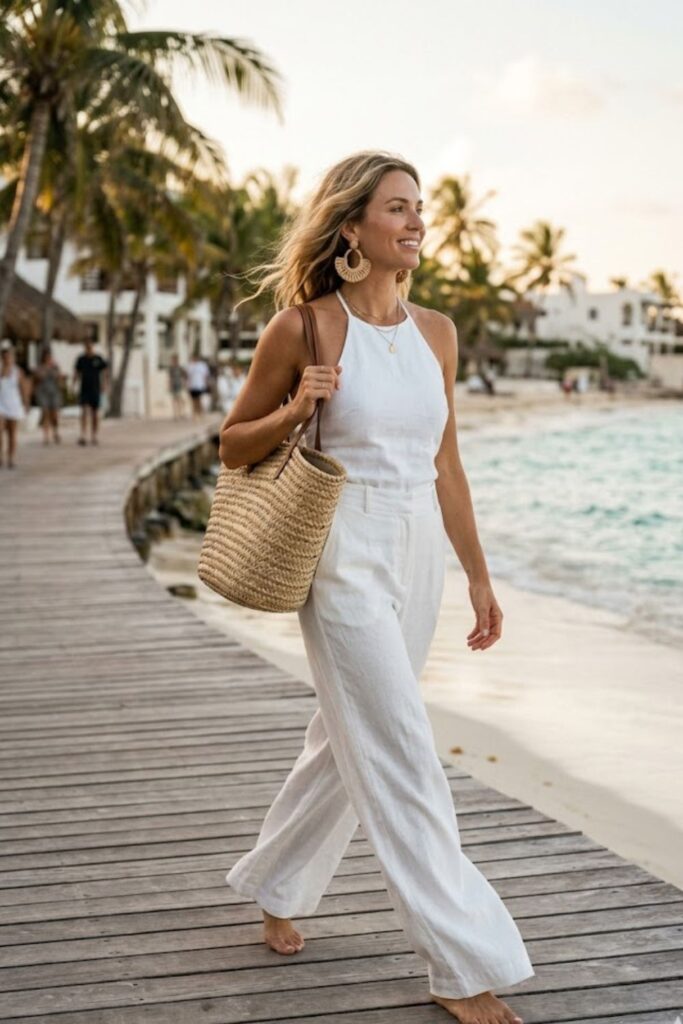 18. Halter Top + Flowy Trousers + Raffia Accessories