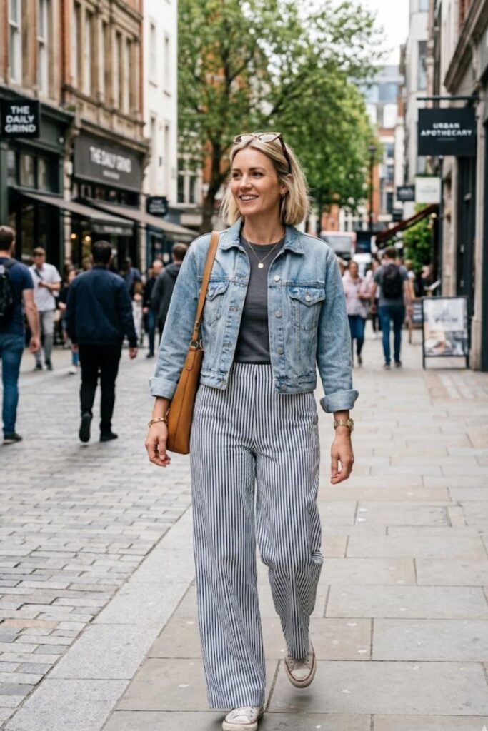 19. Cropped Denim Jacket + Striped Wide Leg Pants + Canvas Sneakers
