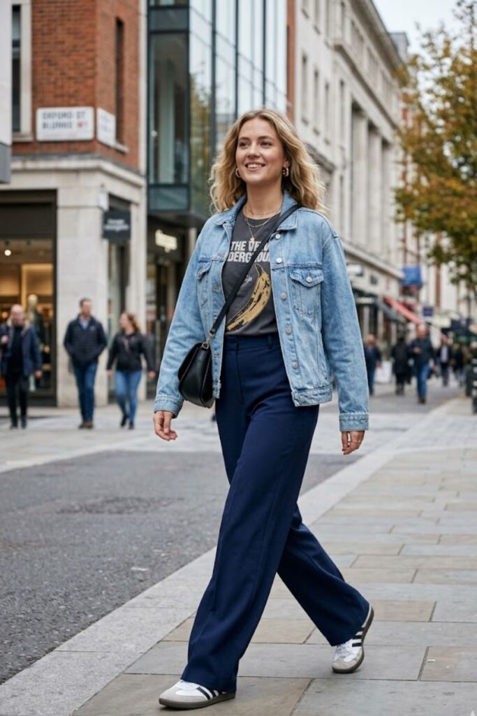 4. Denim Jacket + Graphic Tee + Wide Leg Trousers