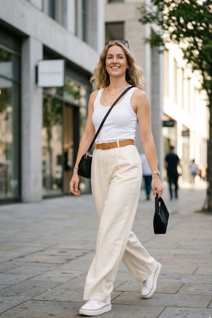 5. Tank Top + Belted Wide Leg Trousers + Platform Sneakers