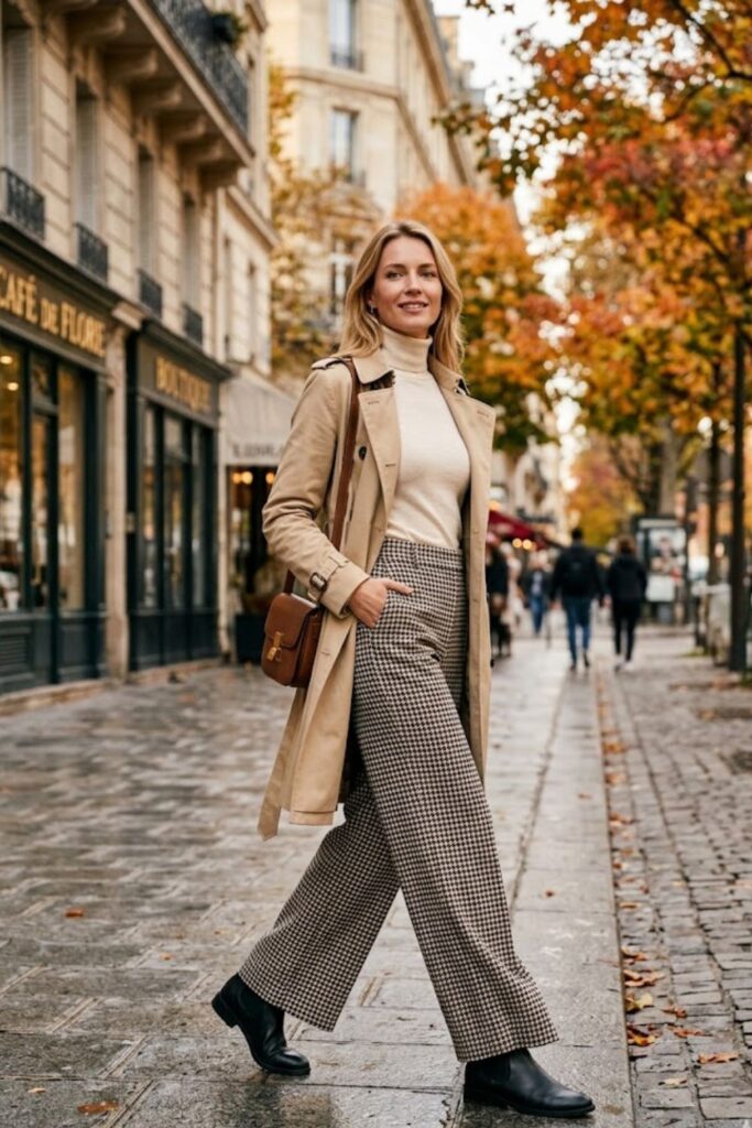 8. Turtleneck + Checked Wide Leg Pants + Ankle Boots