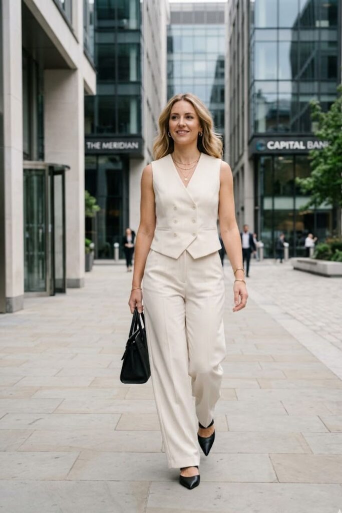 9. Structured Vest + Wide Leg Trousers + Heeled Mules