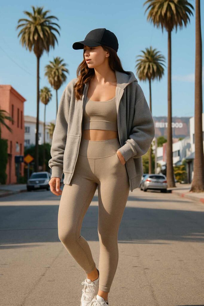 A matching set of leggings and a crop top or sports bra layered under a loose hoodie