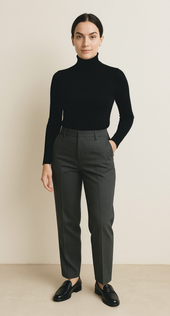 Grey Trousers with Black Turtleneck
