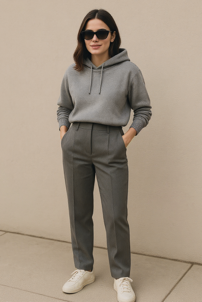 Grey Trousers with Sneakers and Hoodie