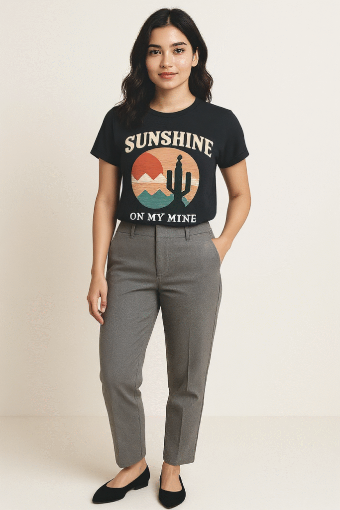 Grey Trousers with a Graphic Tee