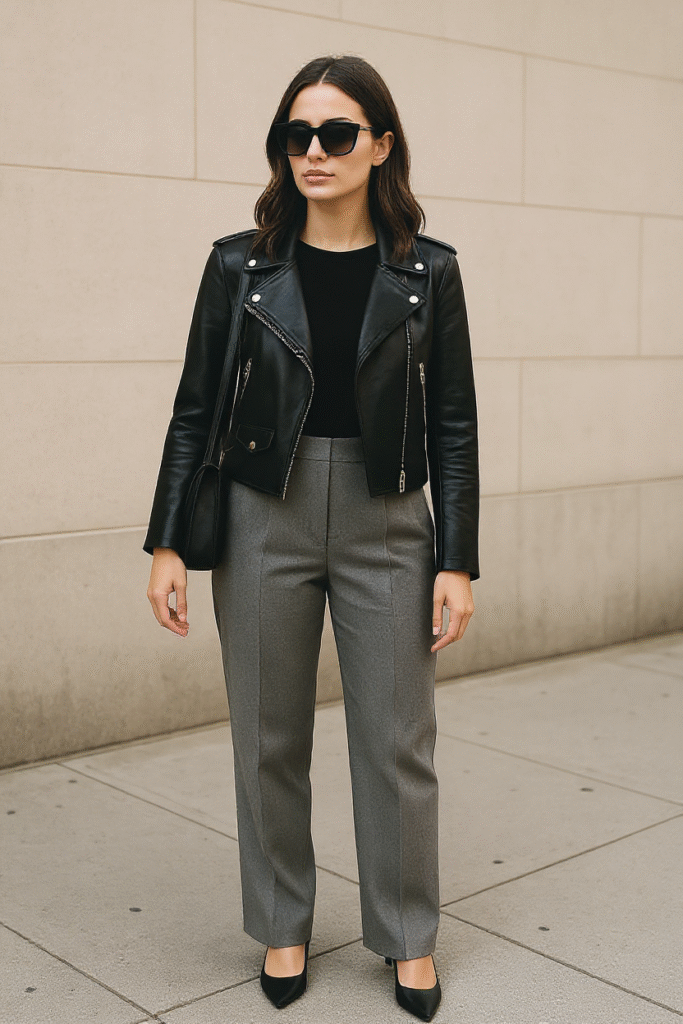Grey Trousers with a Leather Jacket