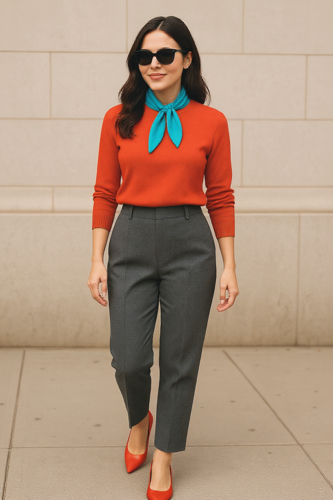 Grey Trousers with a Pop of Color
