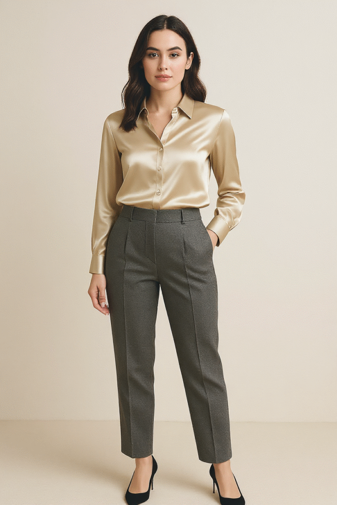 Grey Trousers with a Silk Blouse