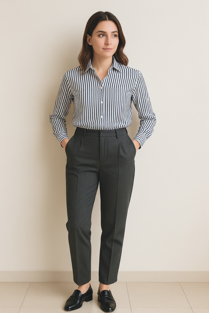 Grey Trousers with a Striped Shirt