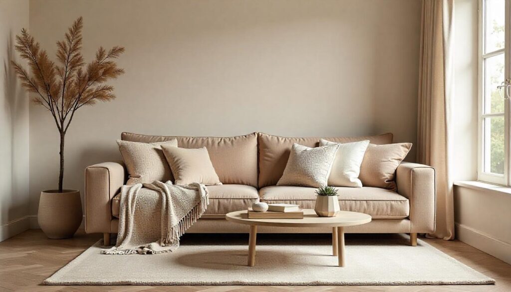 A fabric brown sofa becomes the center of plush pillows, boucle throws, and layered rugs.