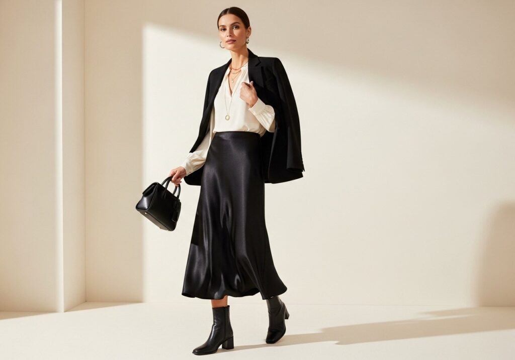 15 Black Silk Skirt Outfit Ideas
