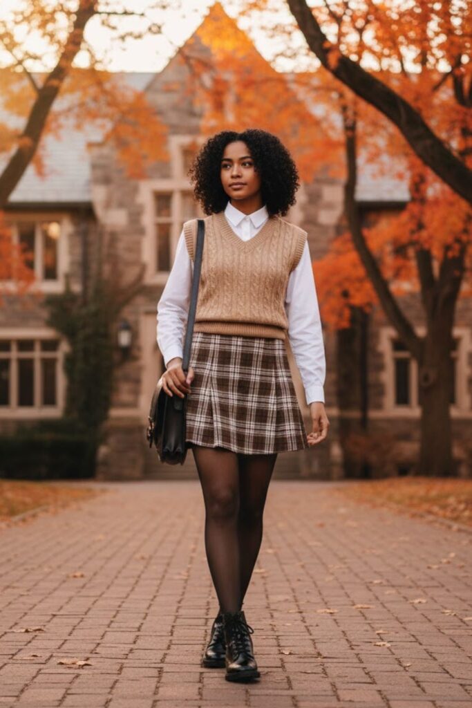 A-Line Skirt with Button-Up Shirt and Sweater Vest