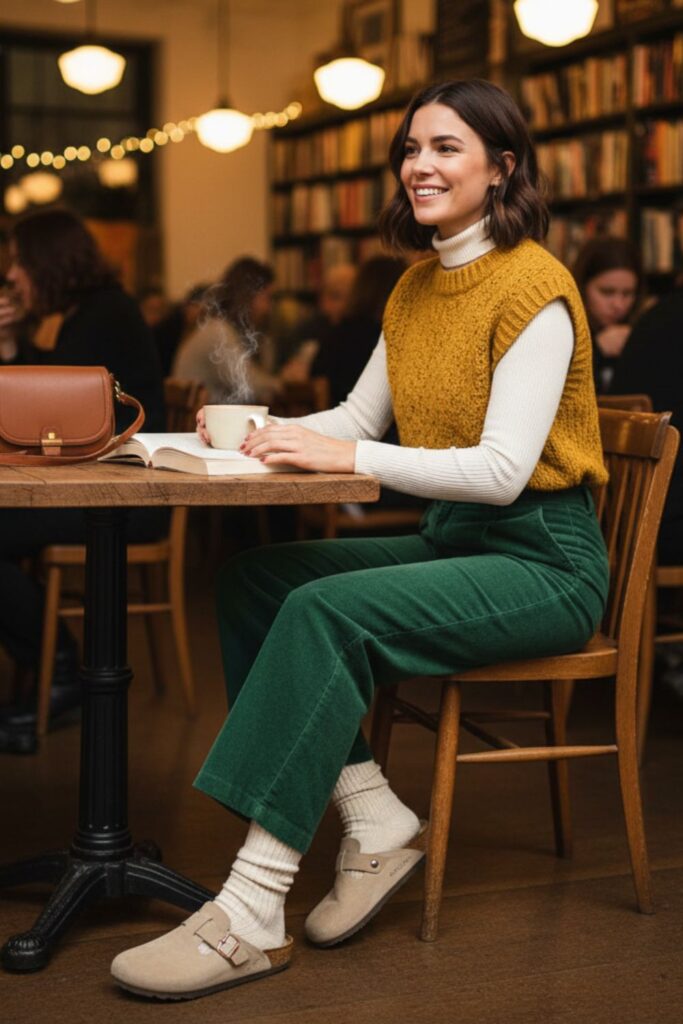 Birkenstock Clogs with Corduroy Pants and a Sweater Vest