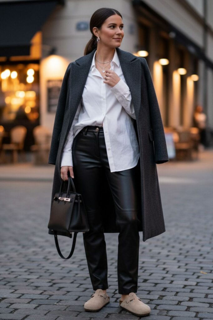 Birkenstock Clogs with Leather Pants and a Button-Down Shirt