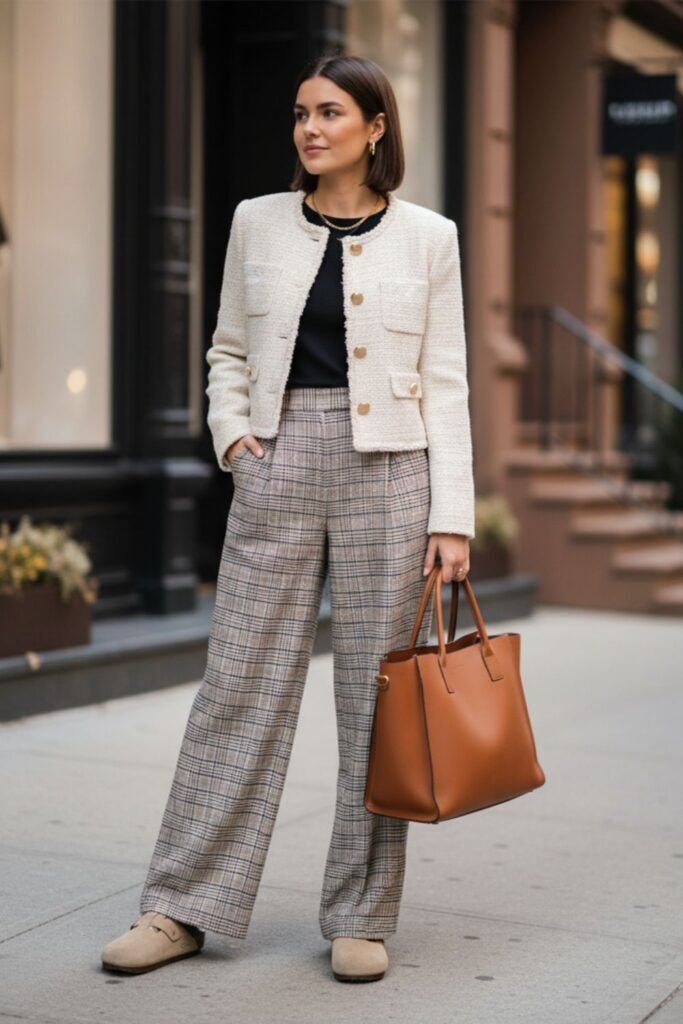 Birkenstock Clogs with Wide-Leg Trousers and a Cropped Jacket