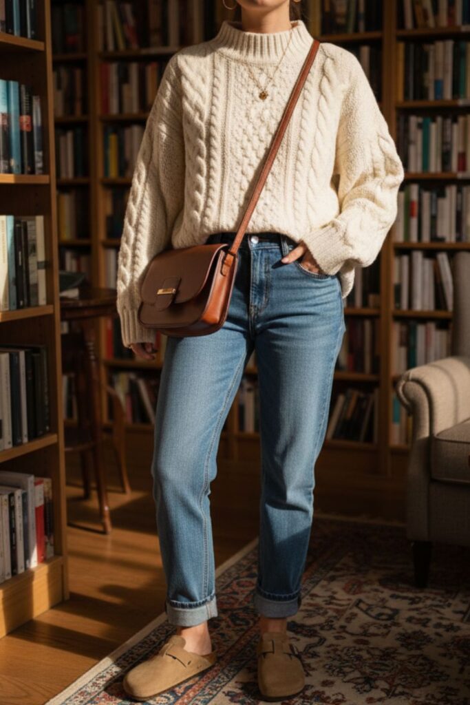 Birkenstock Clogs with a Chunky Knit Sweater and Straight-Leg Jeans