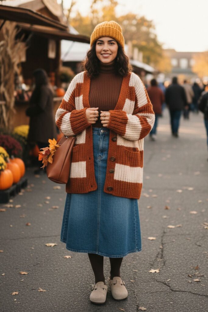 Birkenstock Clogs with a Denim Skirt and Oversized Cardigan