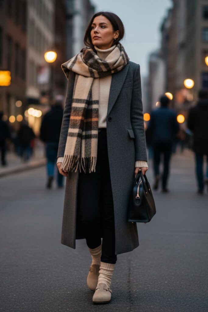 Birkenstock Clogs with a Long Coat and Wide-Scarf