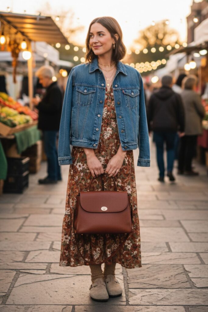 Birkenstock Clogs with a Maxi Dress and Denim Jacket