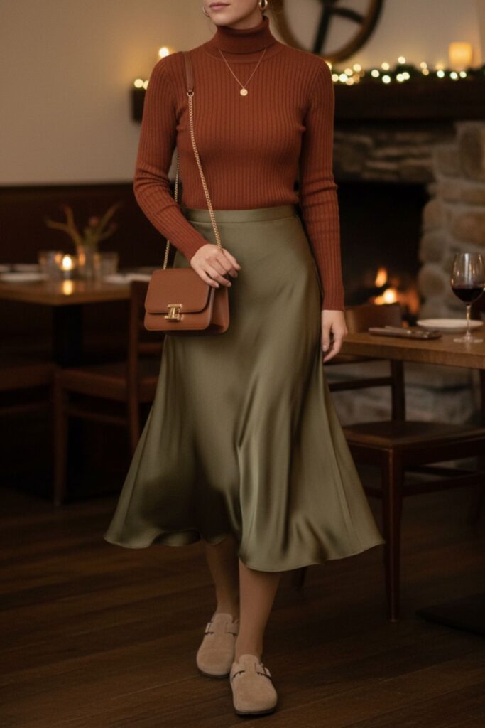 Birkenstock Clogs with a Midi Skirt and Turtleneck
