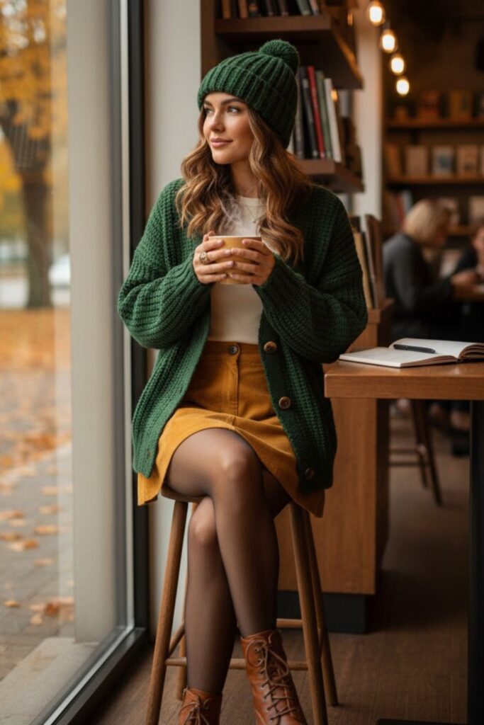 Corduroy Skirt with Knit Cardigan