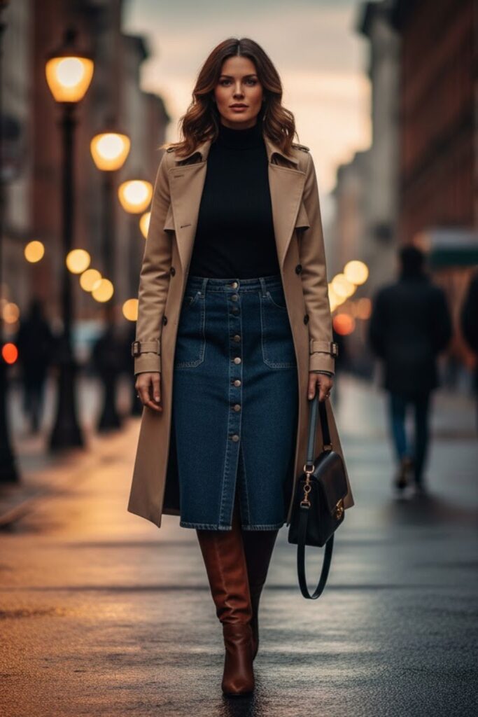 Denim Skirt with Turtleneck and Boots