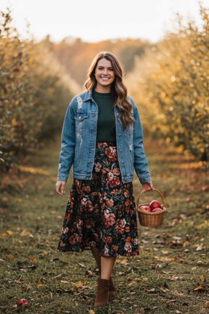Floral Midi Skirt with Knit Top and Booties