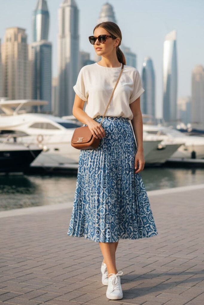 Midi Skirt with Blouse and Sneakers