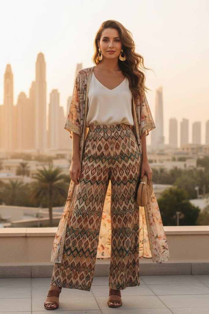 Palazzo Pants with Sleeveless Blouse and Light Kimono