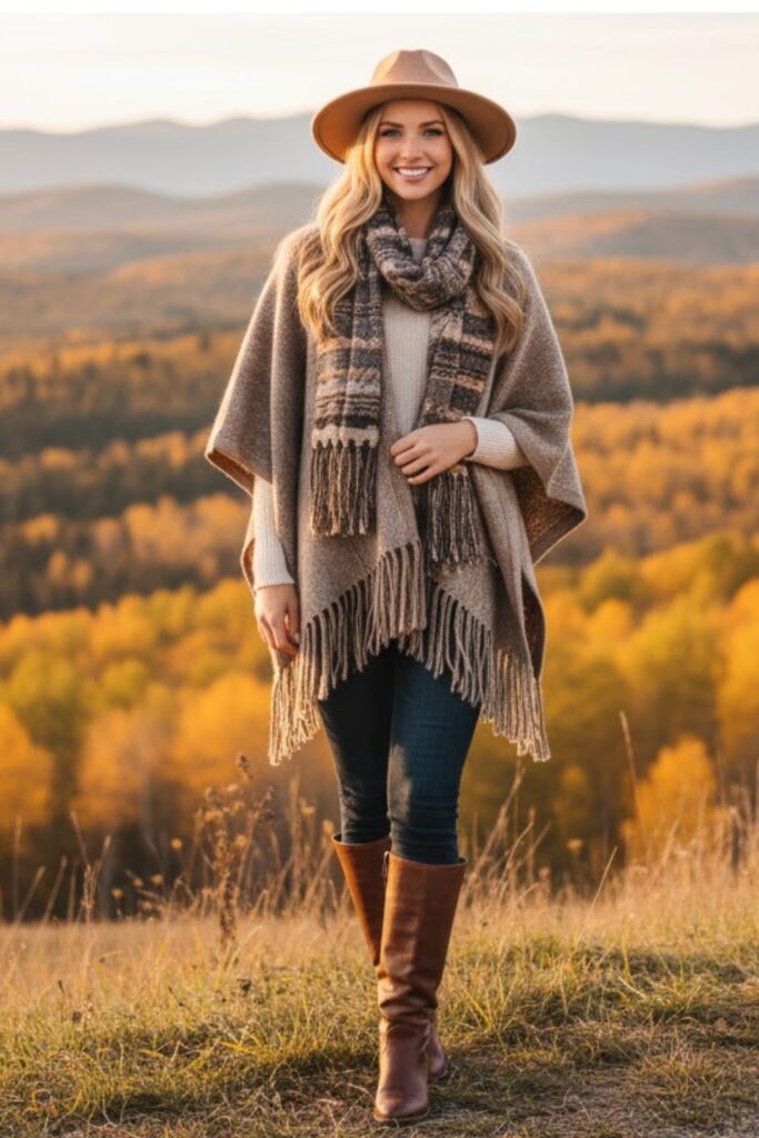 Poncho with Skinny Jeans and Boots