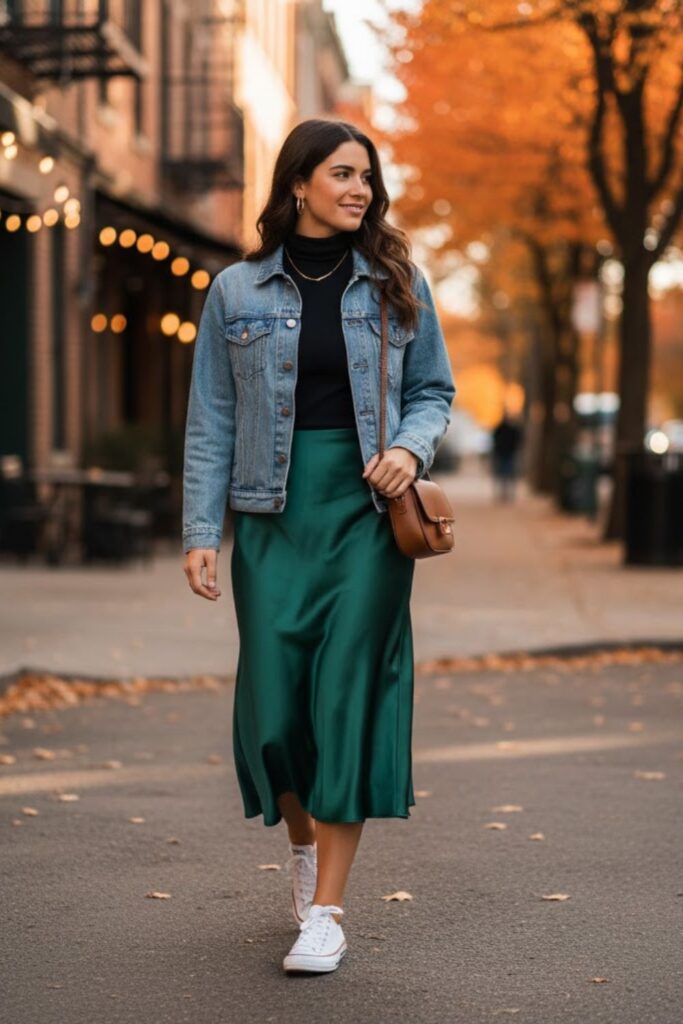 Satin Skirt with Denim Jacket and Sneakers