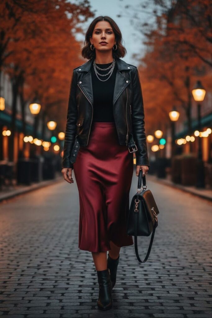 Satin Skirt with Leather Jacket and Booties