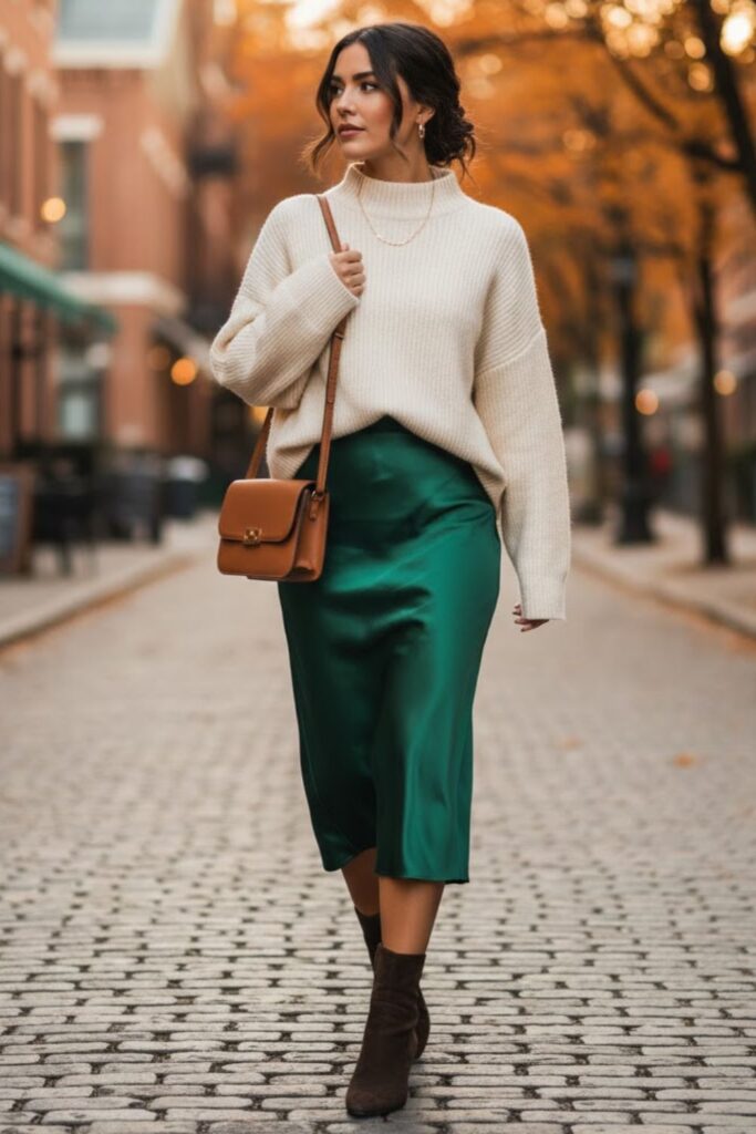 Satin Skirt with Oversized Sweater and Ankle Boots