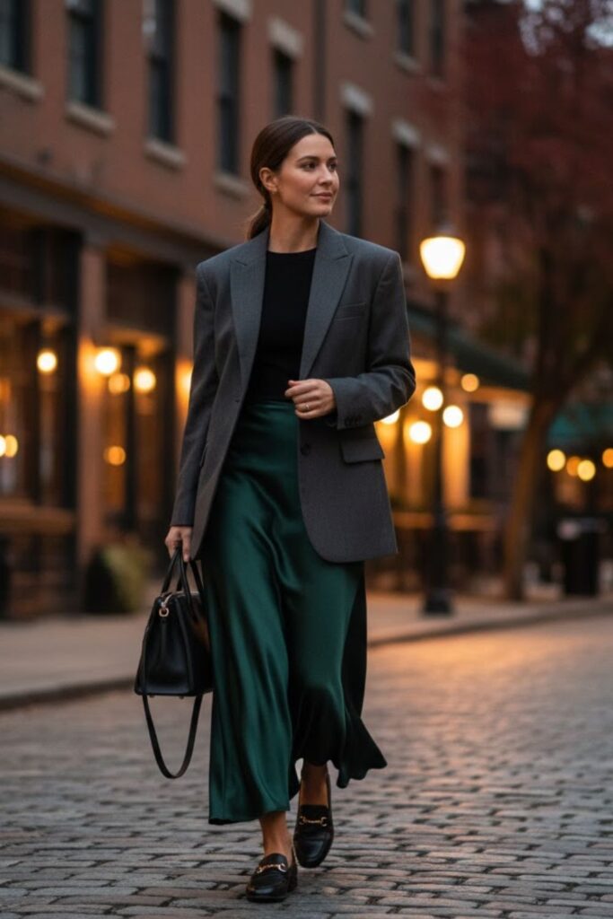 Satin Skirt with a Blazer and Loafers